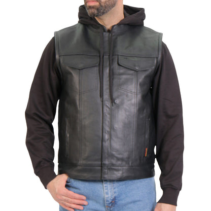 Hot Leathers VSM1202 Men's Black '2-in-1' Conceal and Carry Leather Vest with Hoodie — image 1