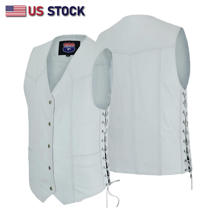 HL11614WHITE Men Side Lace Leather WHITE Vest Traditional