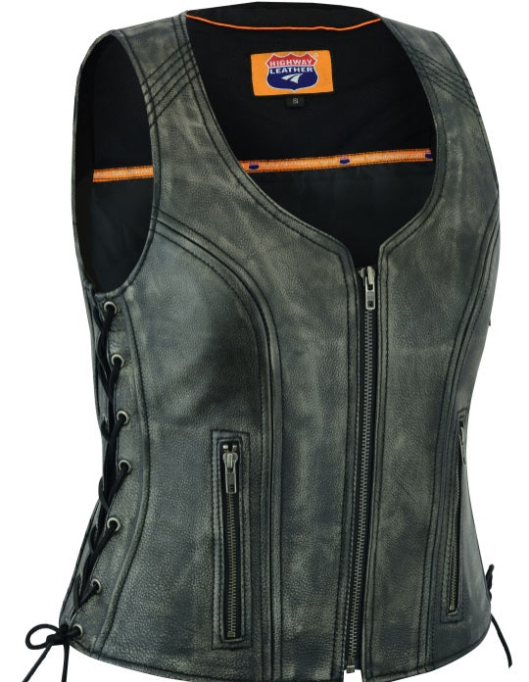 HL14531GRAY Women's Distressed Grey ‘Open Neck’ Motorcycle Leather Vest with Side Laces