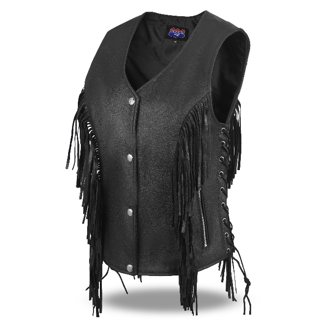 HL14858FRINGE WOMEN SIDE LACE VEST M/O BUFFALO LEATHER BLACK