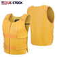 A HL14945YELLOW Women bullet proof style leather vest- for biker club safety vest with reflective stripes and adjustable side straps is displayed against a white background. The vest has a sleeveless design and features a V-neck cut. On the upper left corner, there is a label that reads “US STOCK” accompanied by an American flag. The image showcases the front and back view of the vest, emphasizing its visibility and safety features for use in environments where high visibility is required.