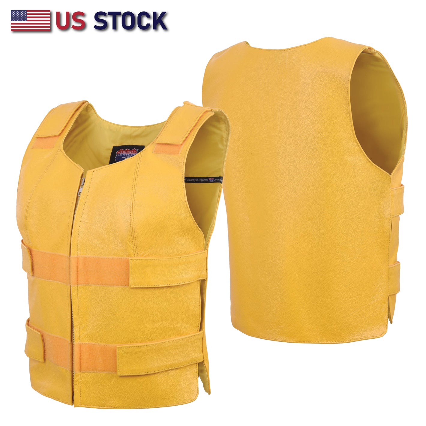 A HL14945YELLOW Women bullet proof style leather vest- for biker club safety vest with reflective stripes and adjustable side straps is displayed against a white background. The vest has a sleeveless design and features a V-neck cut. On the upper left corner, there is a label that reads “US STOCK” accompanied by an American flag. The image showcases the front and back view of the vest, emphasizing its visibility and safety features for use in environments where high visibility is required.