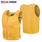 A HL14945YELLOW Women bullet proof style leather vest- for biker club safety vest with reflective stripes and adjustable side straps is displayed against a white background. The vest has a sleeveless design and features a V-neck cut. On the upper left corner, there is a label that reads “US STOCK” accompanied by an American flag. The image showcases the front and back view of the vest, emphasizing its visibility and safety features for use in environments where high visibility is required.