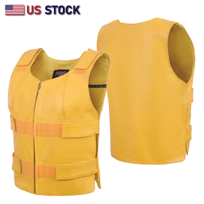 A HL14945YELLOW Women bullet proof style leather vest- for biker club safety vest with reflective stripes and adjustable side straps is displayed against a white background. The vest has a sleeveless design and features a V-neck cut. On the upper left corner, there is a label that reads “US STOCK” accompanied by an American flag. The image showcases the front and back view of the vest, emphasizing its visibility and safety features for use in environments where high visibility is required.