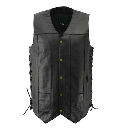 Men’s XS106 10-Pocket Classic Black Side Laced Biker Leather Vest — image 1