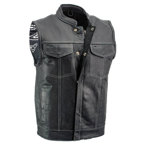 Milwaukee Leather LKM3781 Men's Black Premium Leather Motorcycle Biker Rider Vest w/ White Stitching and Paisley Liner — image 1