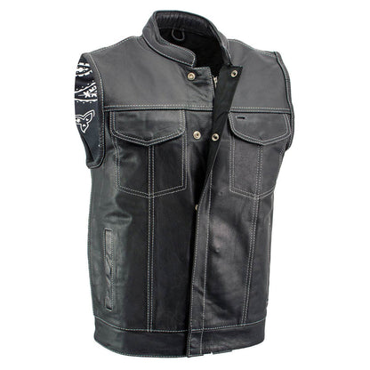 Milwaukee Leather LKM3781 Men's Black Premium Leather Motorcycle Biker Rider Vest w/ White Stitching and Paisley Liner — image 1