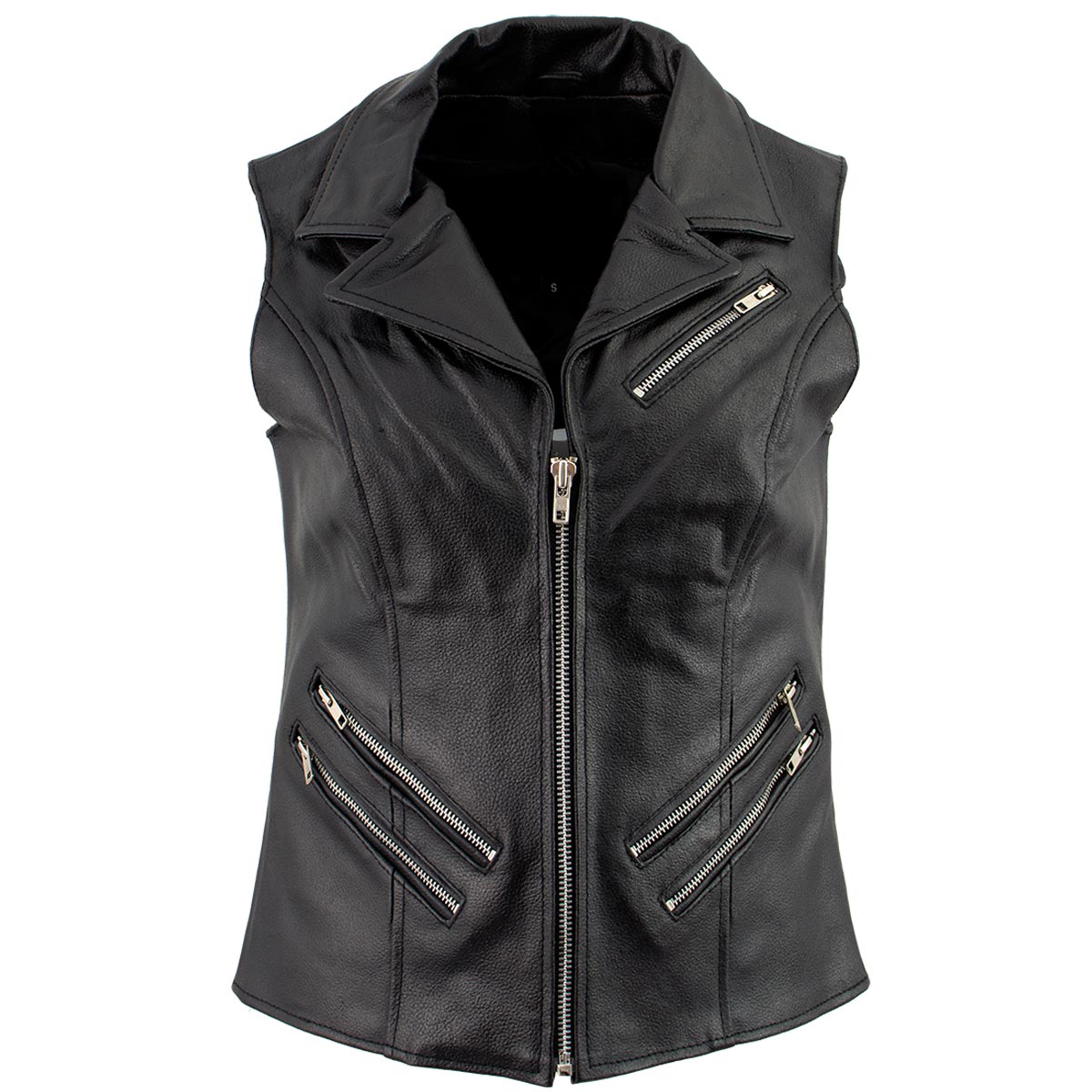 Women's XS773 Black Zippered M/C Lapel Leather Vest - image 1