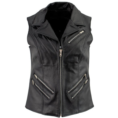 Women's XS773 Black Zippered M/C Lapel Leather Vest - image 1