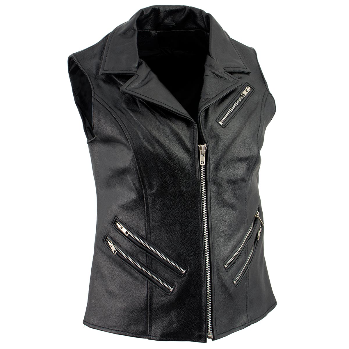 Women's XS773 Black Zippered M/C Lapel Leather Vest - image 4