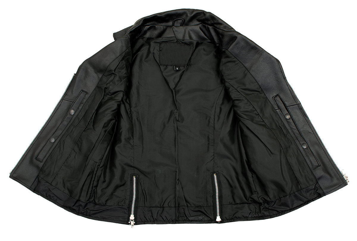 Women's XS773 Black Zippered M/C Lapel Leather Vest - image 3