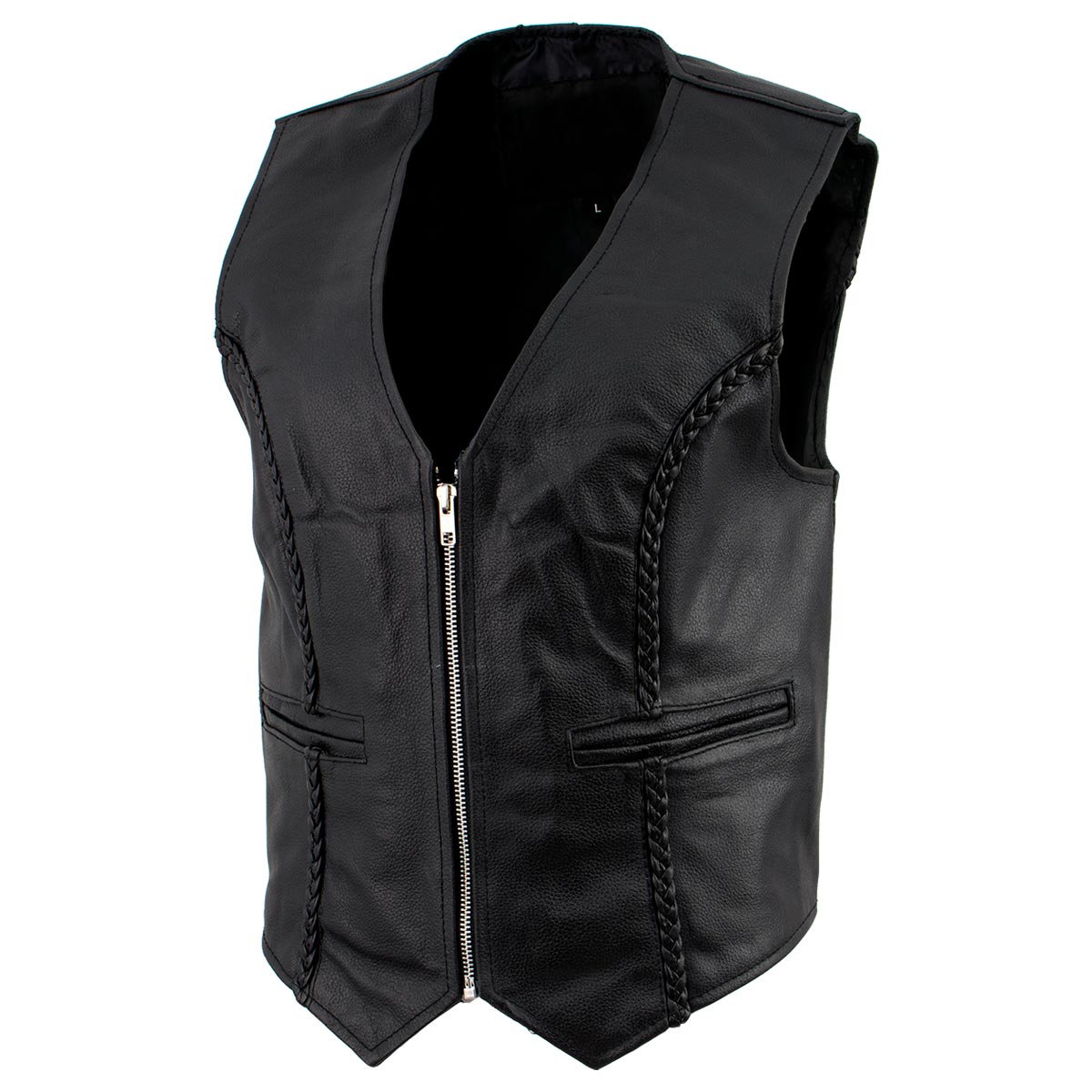 Women's XS776 Black Braided Motorcycle Leather Vest with Zipper Closure - image 8