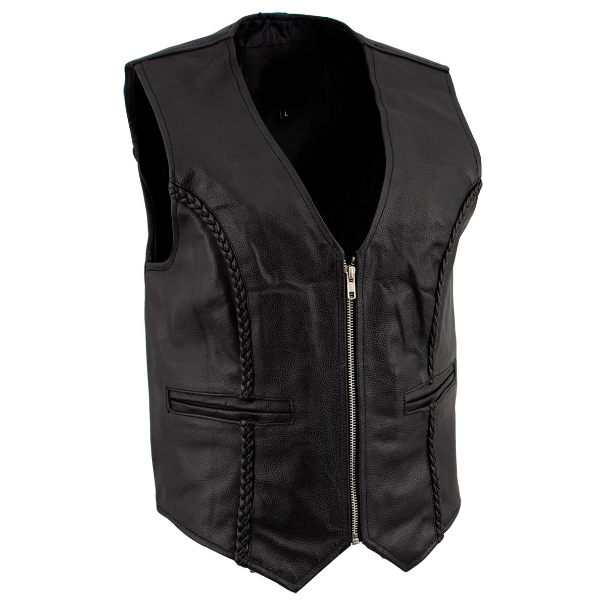 Women's XS776 Black Braided Motorcycle Leather Vest with Zipper Closure - image 9