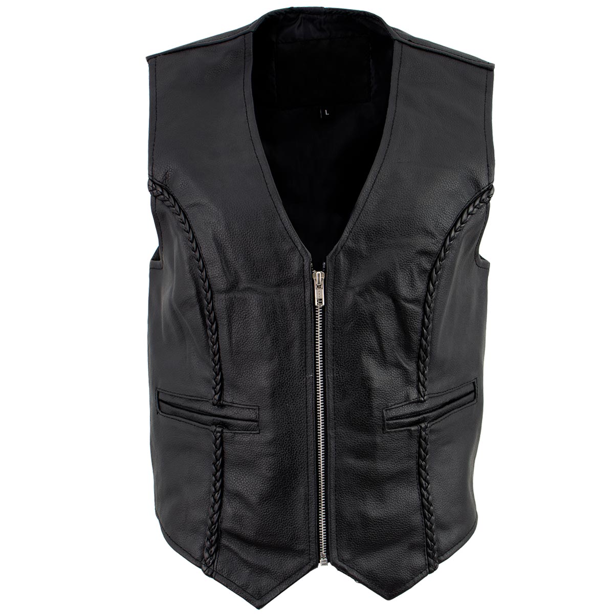 Women's XS776 Black Braided Motorcycle Leather Vest with Zipper Closure - image 1