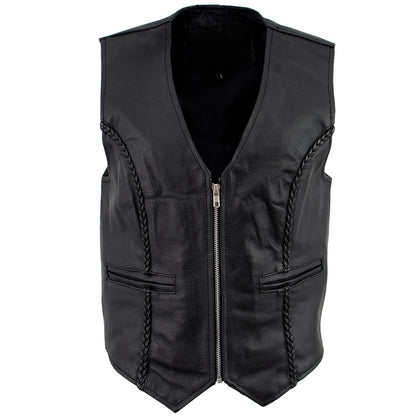 Women's XS776 Black Braided Motorcycle Leather Vest with Zipper Closure - image 1