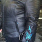 Teal butterfly embroidery leather jacket - Reflective