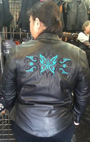 Teal butterfly embroidery leather jacket - Reflective