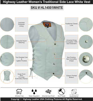 White Motorcycle Leather Biker Vest Pistol Pockets Easy Patch Sew- HL14338WHITE