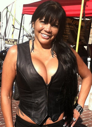 Women rib stretch zipper front leather vest