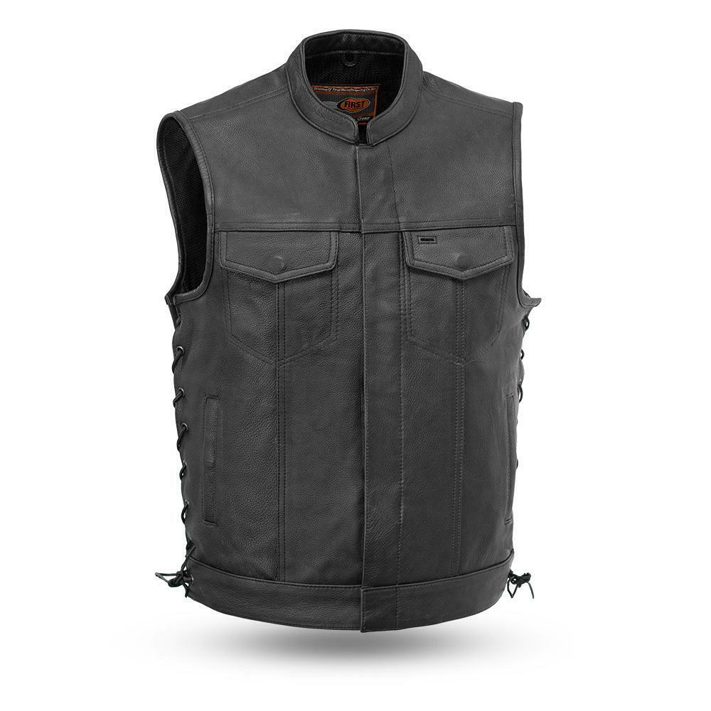 SOA Men's Leather Vest Anarchy Motorcycle Biker Club Concealed Carry Side Lace