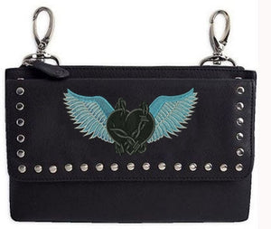 Turquoise teal barbed wire heart with wings hip clip bag