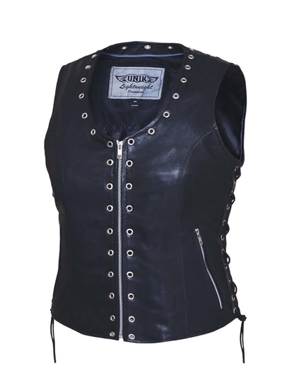 Ladies Premium Leather Zippered Eyelet Motorcycle Vest 