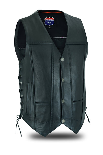 COVINGTON - Men Motorcycle Leather Vest - Gun Pocket, Side Lace, Single panel back, Buffalo Nickle Snaps