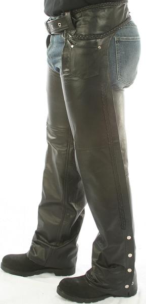 Men Classic Biker Leather Chap with Braid trim with Thigh pocket
