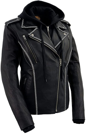 Milwaukee Leather MLL2503 Ladies “Bedazzled” Black Leather Moto Jacket with Hoodie