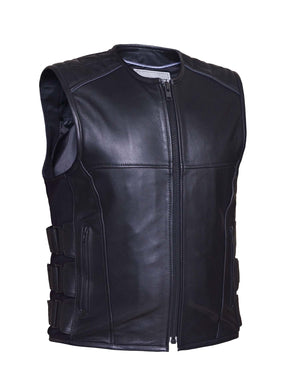 Men's Premium Leather Swat Style Zippered Motorcycle Vest