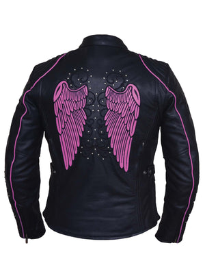 Ladies Premium Motorcycle Jacket with Angel Wing Design - 6824-24-Hot Pink