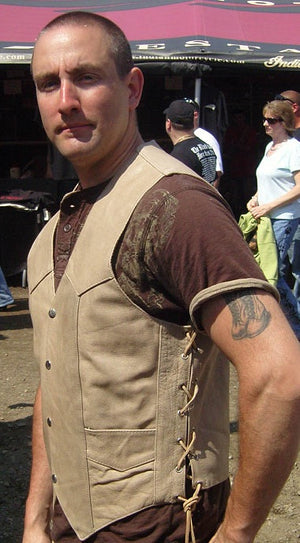 Distressed brown leather motorcycle vest - side lace