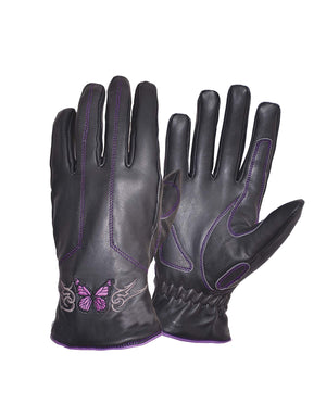 Ladies Full Finger Leather Gloves with Butterfly Embroidery