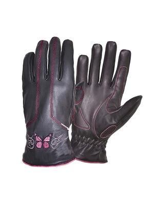 Ladies Full Finger Leather Gloves with Butterfly Embroidery