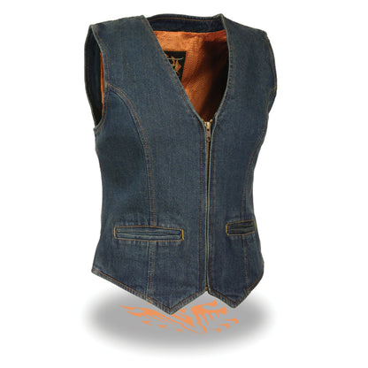 Ladies Zipper Front Denim Vest w/ V Neck Collar