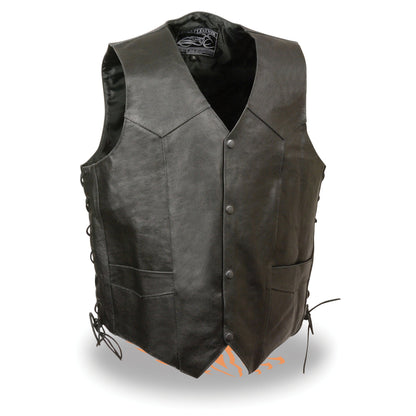 Men's Side Lace Leather Vest w/ Skull & Wings