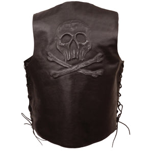 Men's Side Lace Leather Vest w/ Skull & Cross Bones
