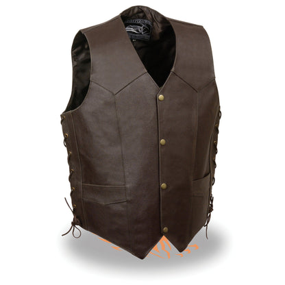 Men's Side Lace Leather Vest w/ Skull & Cross Bones