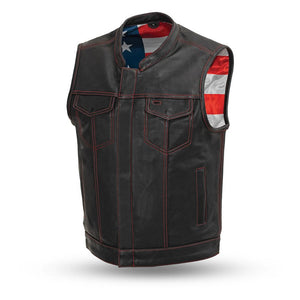 Born Free - Men's Motorcycle Leather Vest (Red Stitch)