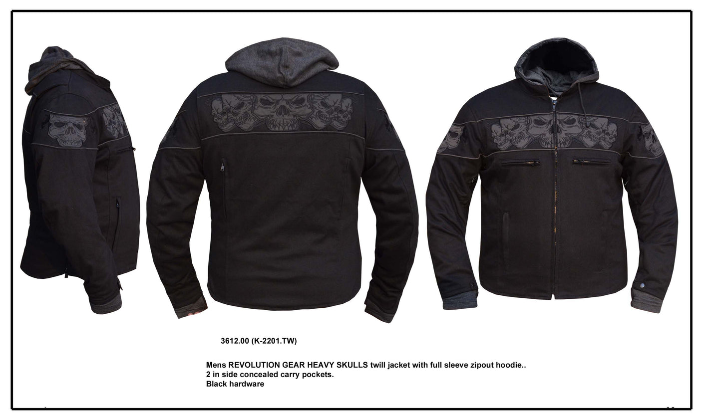 Men's Revolution Gear Heavy Twill Skulls Jacket with full sleeve zip out hoodie