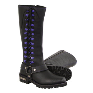 Ladies 14" Inch Leather Harness Boot w/ Purple Accent Lacing