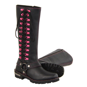 Ladies 14" Inch Leather Harness Boot w/ Fuchsia Accent Lacing