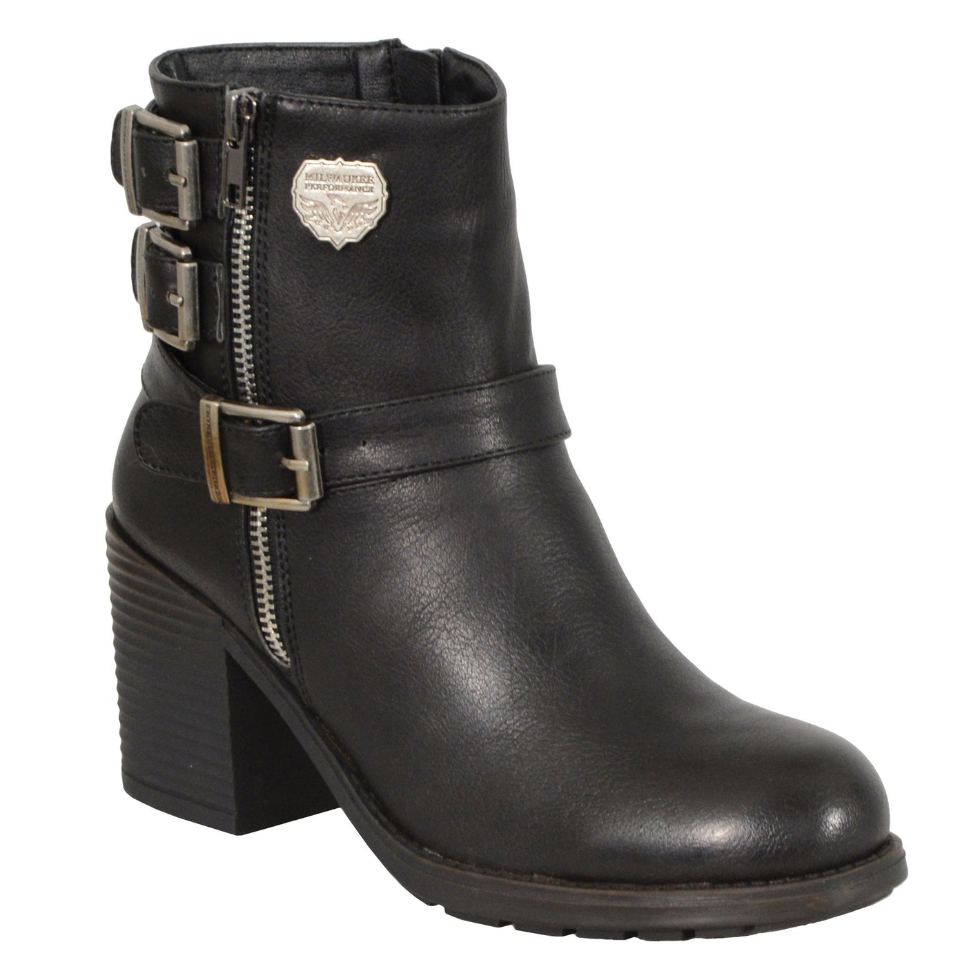 Ladies Black Triple Buckle Side Zipper Boot w/ Platform Heel