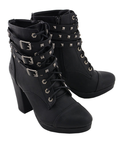 Women Lace to Toe Boot w/ Triple Strap Studded Accents