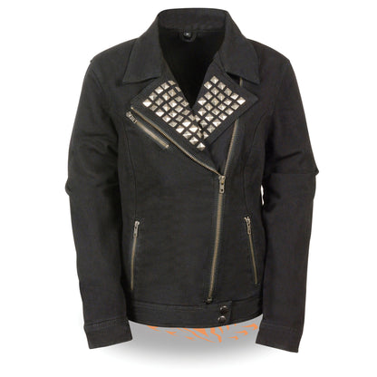 Ladies Zipper Front Black Denim Jacket w/ Studded Spikes