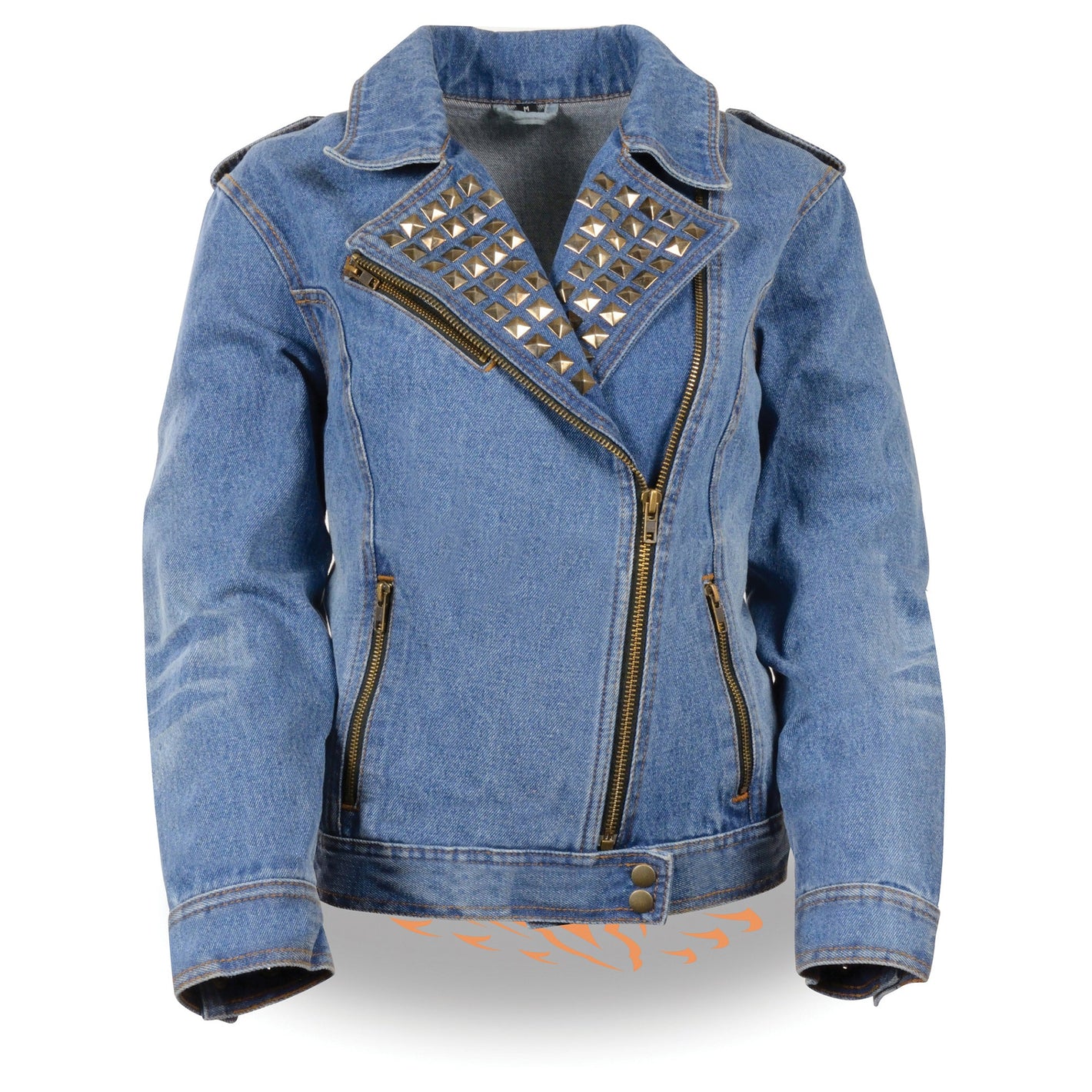 Ladies Zipper Front Black Denim Jacket w/ Studded Spikes