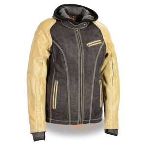 Women's Two Tone Denim & Leather Scuba Jacket w/ Full Hoodie Jacket Liner