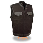 Men's Denim Club Vest w/ Leather Trim & Hidden Zipper