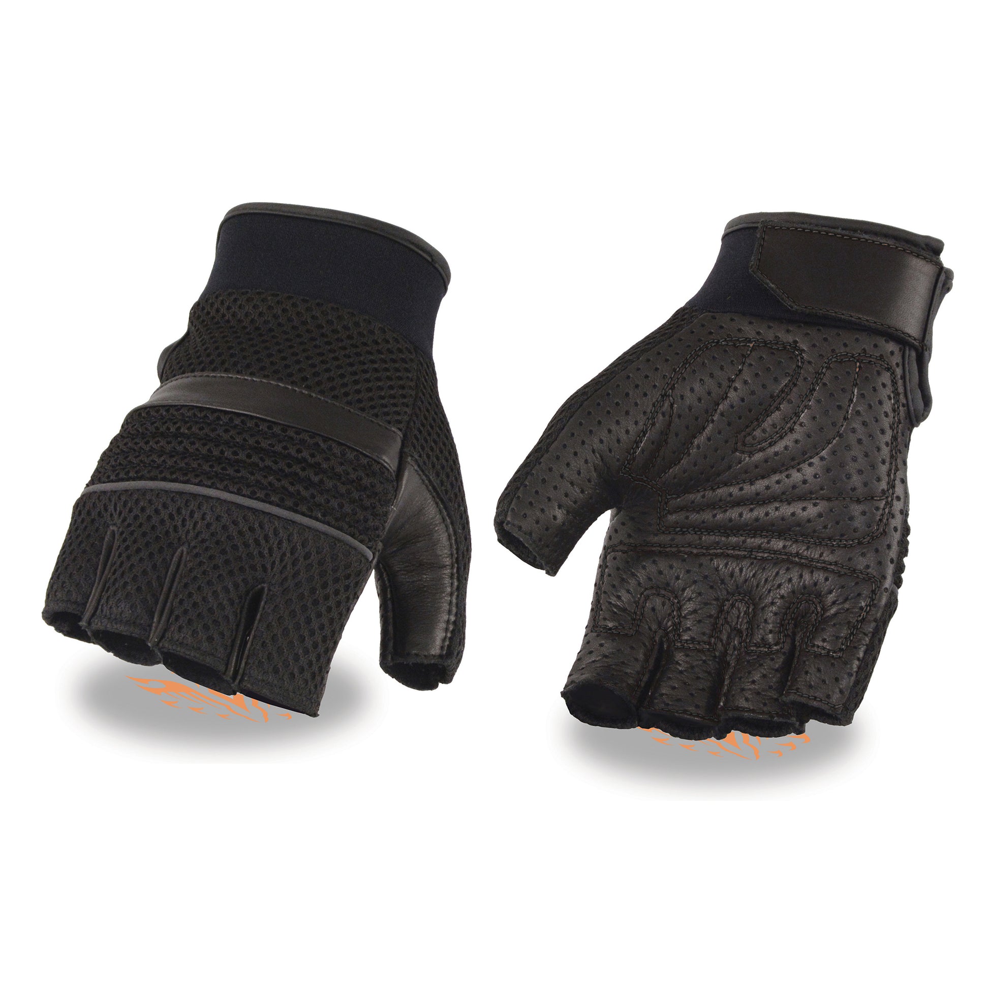 Men's Leather & Mesh Fingerless Gloves with Gel Palm, Reflective Piping