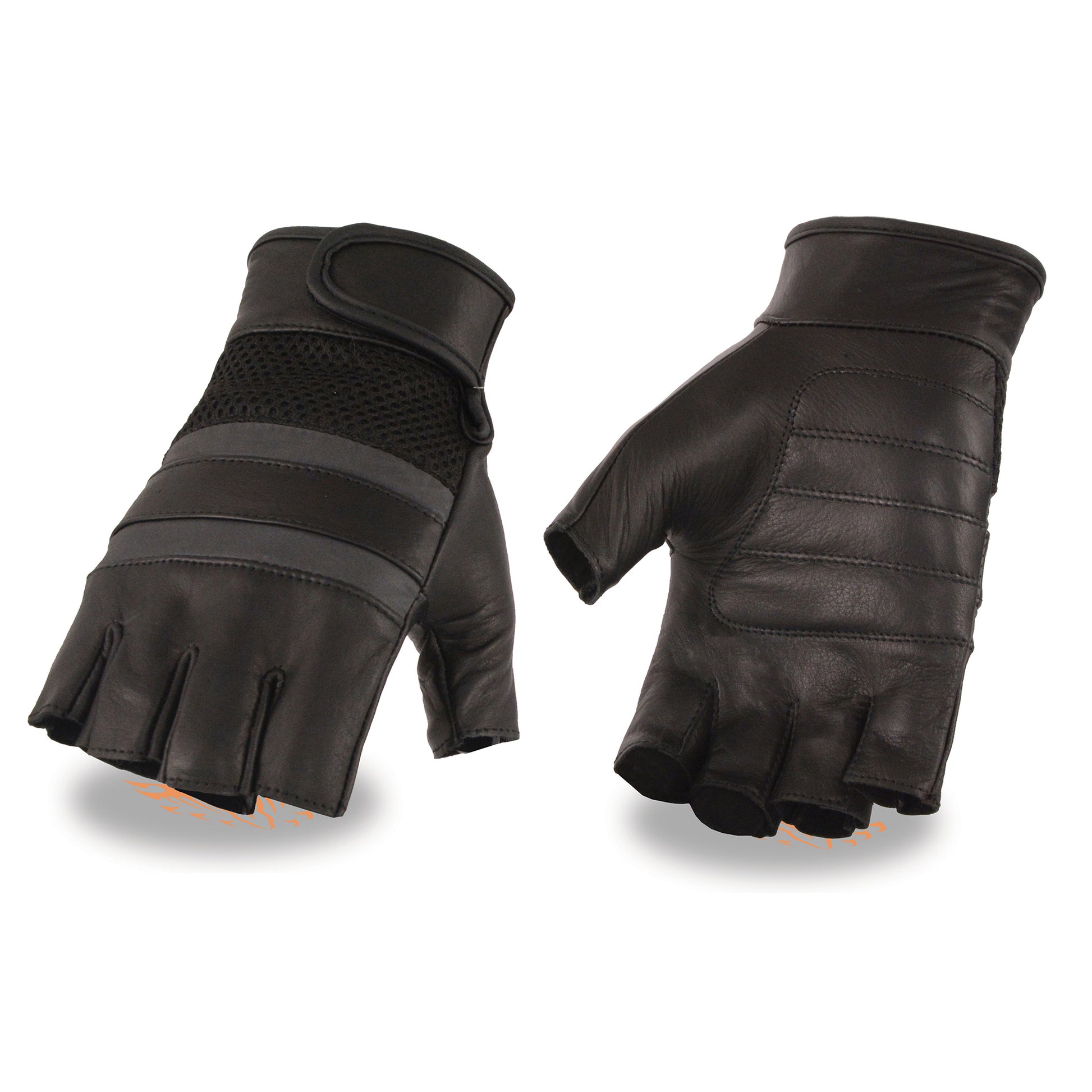 Men's Leather & Mesh Fingerless Gloves with Gel Palm, Reflective Band